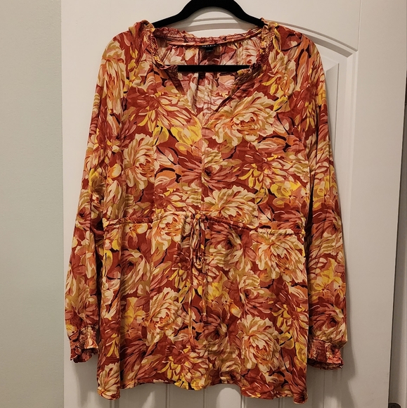Torrid 1X Rust Floral Long Sleeve Peasant Top Blouse - Picture 1 of 6
